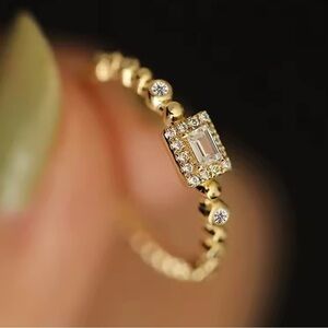 Dainty Baguette Diamond Halo Gold Ring